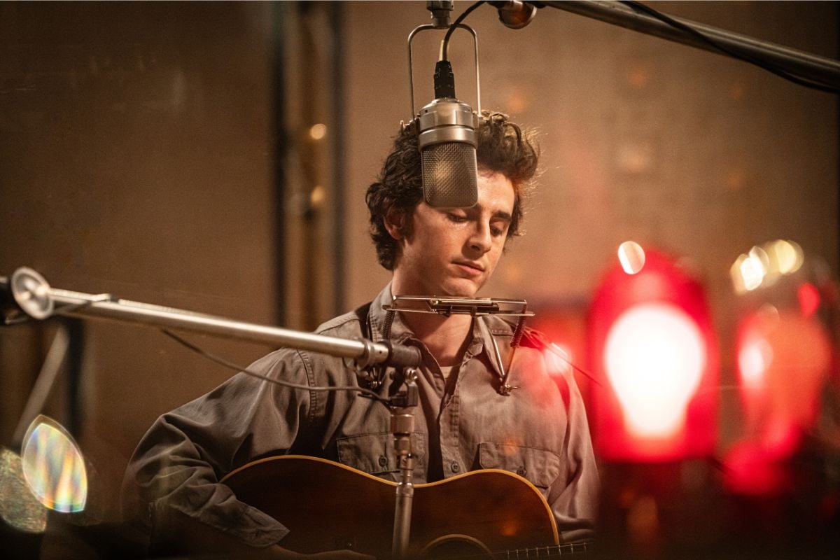 Timothée Chalamet as Bob Dylan in “A Complete Unknown”