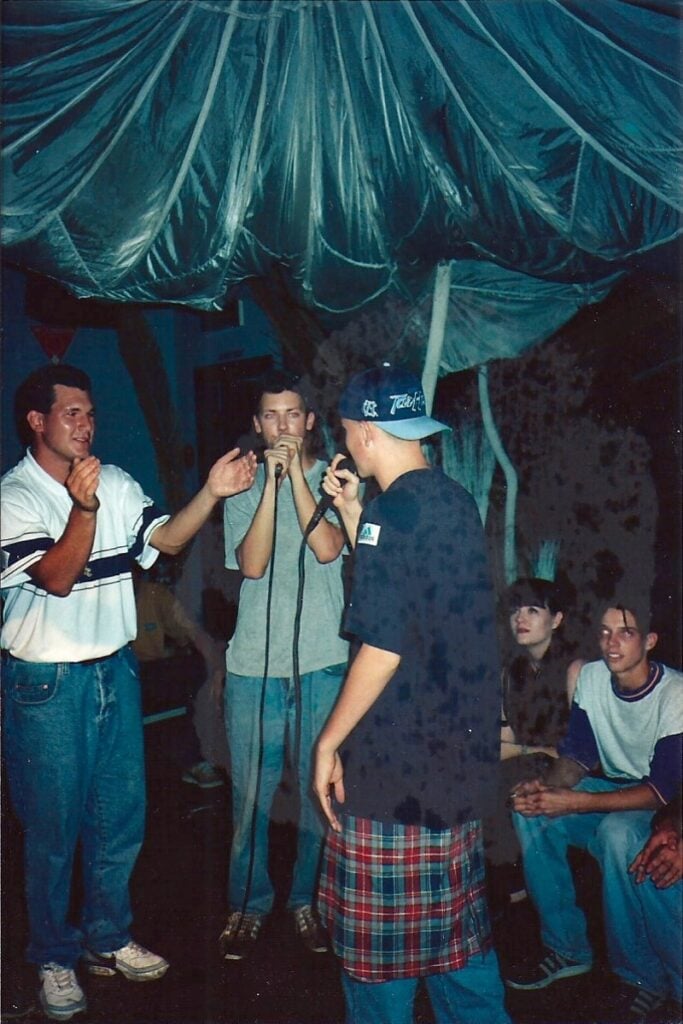 Flak, Suffa and Pressure (Hilltop Hoods) at an open mic night in the Nineties