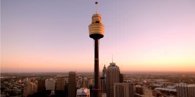 The Sydney Tower Eye - aka Sydney Tower, Centrepoint Tower, AMP Tower, Westfield Centrepoint Tower or Sydney Skytower, and Sydney's skyline at sunset