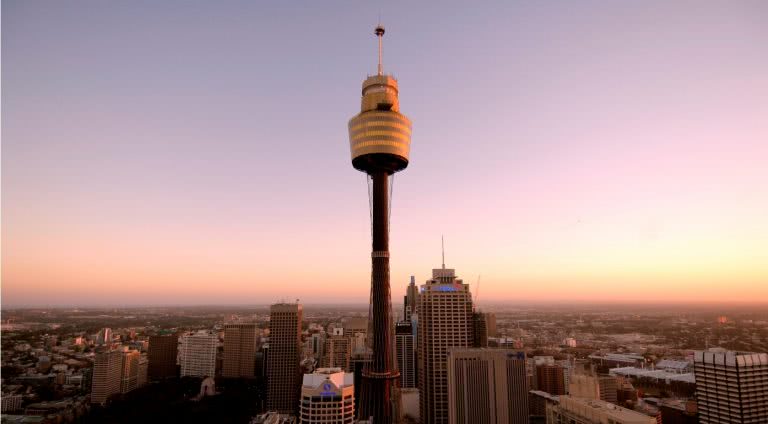 The Sydney Tower Eye - aka Sydney Tower, Centrepoint Tower, AMP Tower, Westfield Centrepoint Tower or Sydney Skytower, and Sydney's skyline at sunset