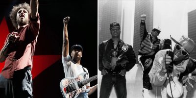 Rage Against The Machine and Public Enemy raise their fists