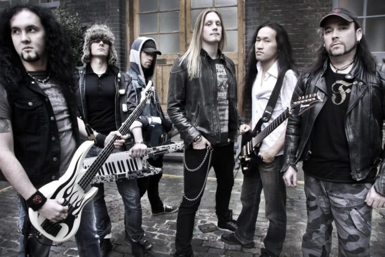 UK power metal band Dragonforce, from left - Frédéric Leclercq, Vadim Pruzhanov, Sam Totman, Marc Hudson, Herman Li, Gee Anzalone