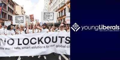 A Keep Sydney Open rally and the Young Liberals logo