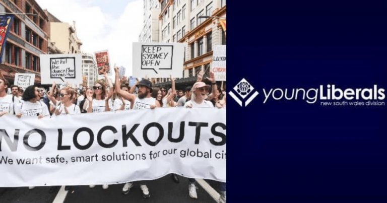 A Keep Sydney Open rally and the Young Liberals logo