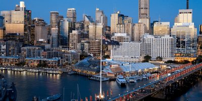 Sydney's Darling Harbour at dusk, showing waterline and skyline