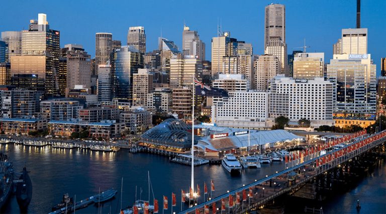 Sydney's Darling Harbour at dusk, showing waterline and skyline