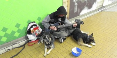 busker in central underpass in sydney