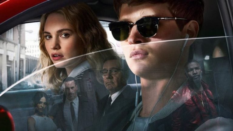 Promotional image for Baby Driver featuring Ansel Elgort and Lily James in a sports car, with Kevin Spacey, Jamie Foxx, Jon Hamm and Eiza González reflected in the car window.