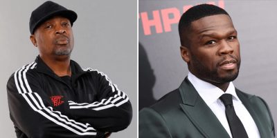 Split image of Public Enemy's Chuck D and rapper 50 Cent