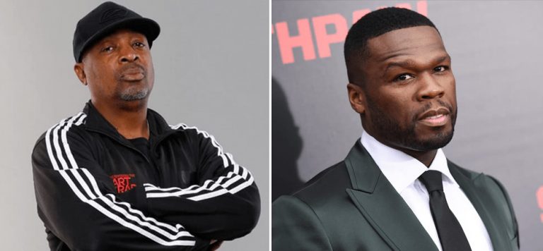 Split image of Public Enemy's Chuck D and rapper 50 Cent