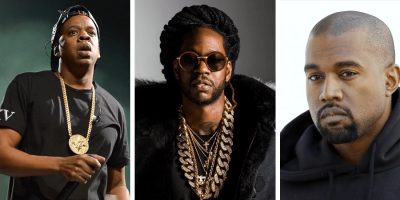 3 panel image of Jay-Z, 2 Chainz, and Kanye West