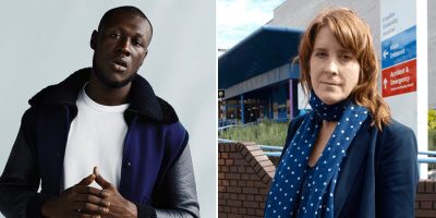 2 panel image of English grime musician Stormzy and British MP Sarah Jones