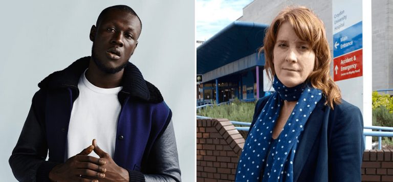 2 panel image of English grime musician Stormzy and British MP Sarah Jones