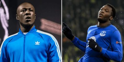 2 panel image of Stormzy and Belgian soccer player Romelu Lukaku