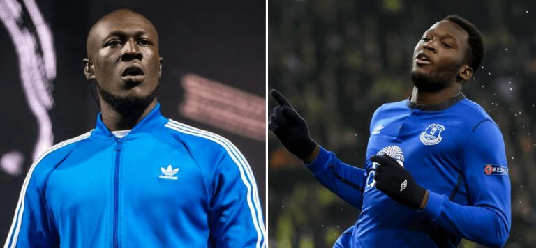 2 panel image of Stormzy and Belgian soccer player Romelu Lukaku