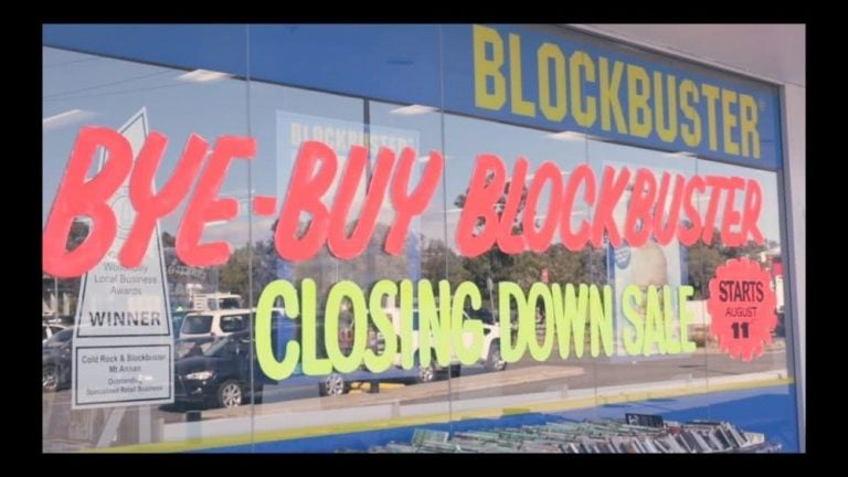 Closing down advertisements in chalk on the front window of Mt Annan Blockbuster Video