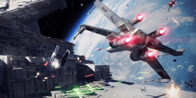 An X-Wing attacks a Star Destroyer in Star Wars: Battlefront II