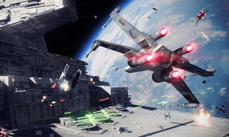 An X-Wing attacks a Star Destroyer in Star Wars: Battlefront II