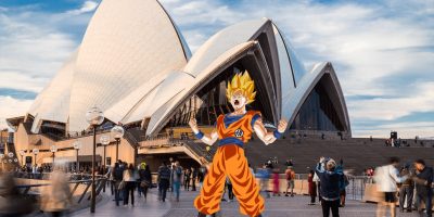 Image of the Sydney Opera House with Dragon Ball Z's Goku in the foreground