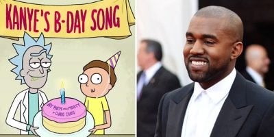 2 panel image of 'Rick And Morty' and Kanye West