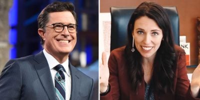 2 panel image of Stephen Colbert and New Zealand Prime Minister Jacinda Ardern