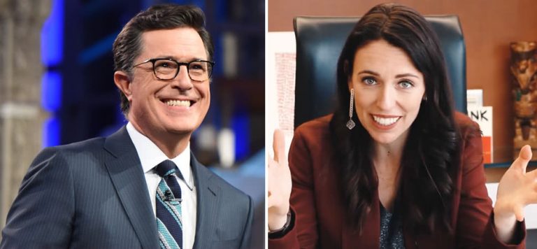 2 panel image of Stephen Colbert and New Zealand Prime Minister Jacinda Ardern