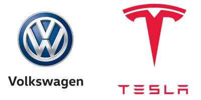 2 panel image of the Volkswagen and Tesla logos