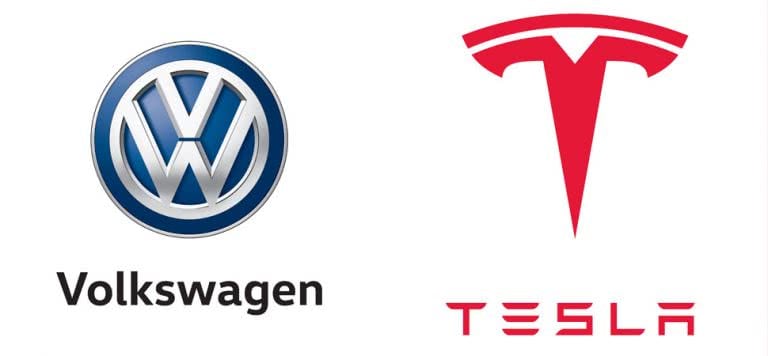 2 panel image of the Volkswagen and Tesla logos