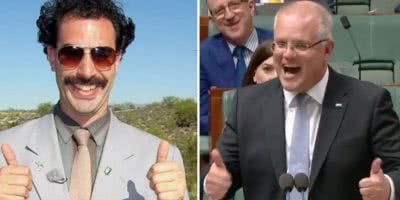 2 panel image of Sacha Baron Cohen's Borat and Australian Prime Minister Scott Morrison