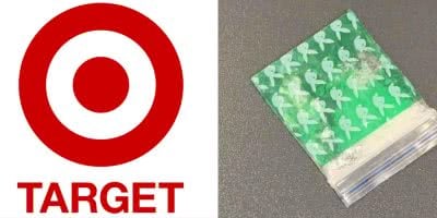 2 panel image of the logo for Target, and an image of meth found in a coat purchased from a Melbourne Target location.