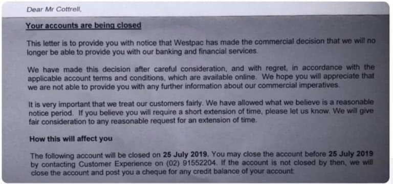 An email to Blair Cottrell from Westpac, notifying him of their decision to close his account.