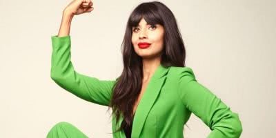 jameela-jamil green power suit