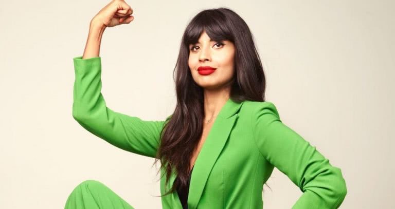 jameela-jamil green power suit