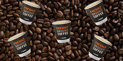 7-Eleven coffees on a coffee bean background