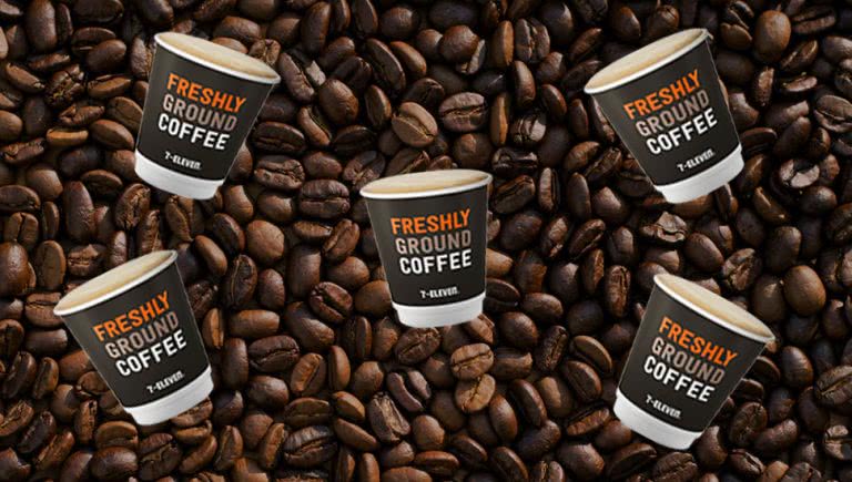 7-Eleven coffees on a coffee bean background