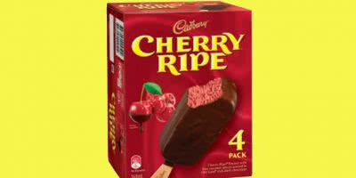 Cherry Ripe in ice cream form on a yellow background.