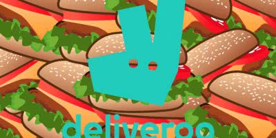 Deliveroo logo on top of a lot of burgers