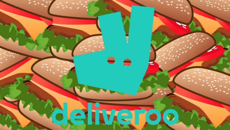 Deliveroo logo on top of a lot of burgers