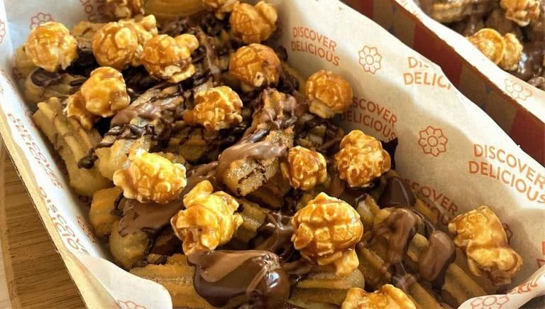 San Churro snack pack flavour of chocolate caramel popcorn.