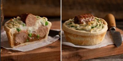 Split image of the new bangers and mash pie from Banjo's Bakery Café.