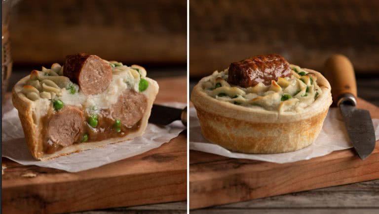 Split image of the new bangers and mash pie from Banjo's Bakery Café.