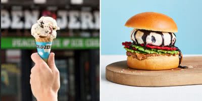 Split image of a Ben & Jerry's ice cream scoop and The Impossible To Eat Burger