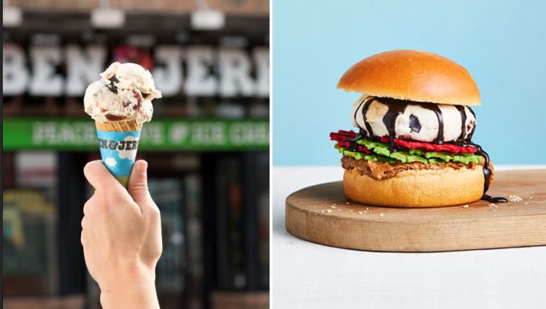 Split image of a Ben & Jerry's ice cream scoop and The Impossible To Eat Burger