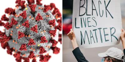 Double image of the COVID-19 virus and a Black Lives Matter protestor