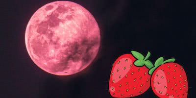 Custom image of a Strawberry Moon with cartoon strawberries.