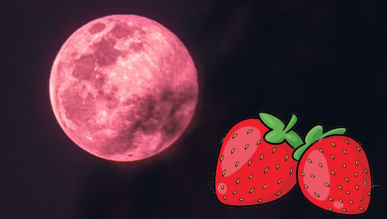 Custom image of a Strawberry Moon with cartoon strawberries.