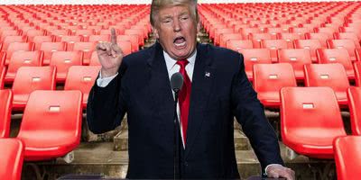 Image of Donald Trump speaking at an empty stadium