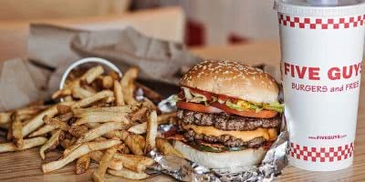 Photo of fries, a burger and a milkshake from Five Guys