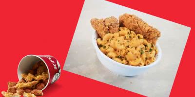 KFC custom image with Mac 'n' Cheese and chicken bucket.