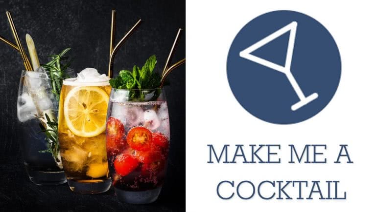 Split image of cocktails and Make Me A Cocktail logo